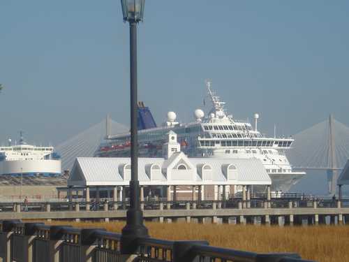Waterfront in Charleston SC and Norwegian Majesty cruise ship